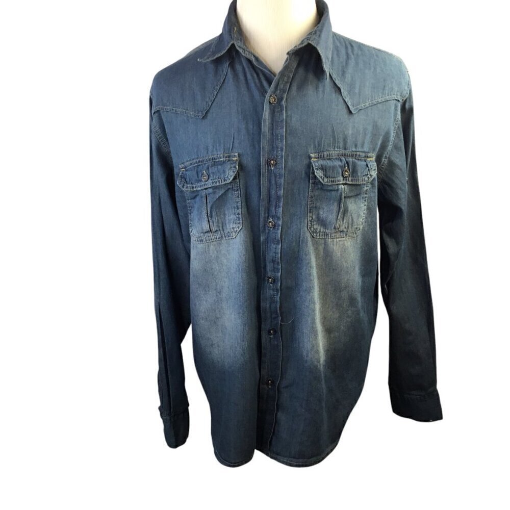 Ditch Plains Chambray Western Shirt Men's XL Long Sleeve Denim Fade Cowboy